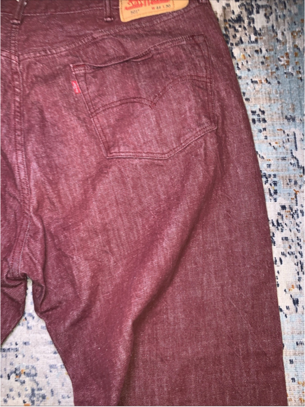 Levi’s 501 44x30 Mens Button Fly Burgundy Red White Oak Cone Denim XX Jeans - Picture 10 of 16